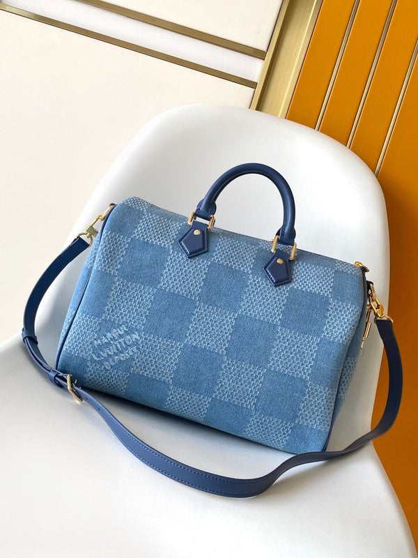 LV Speedy 30 Bandoulière Blue Cotton with 3D Damier Denim GHW