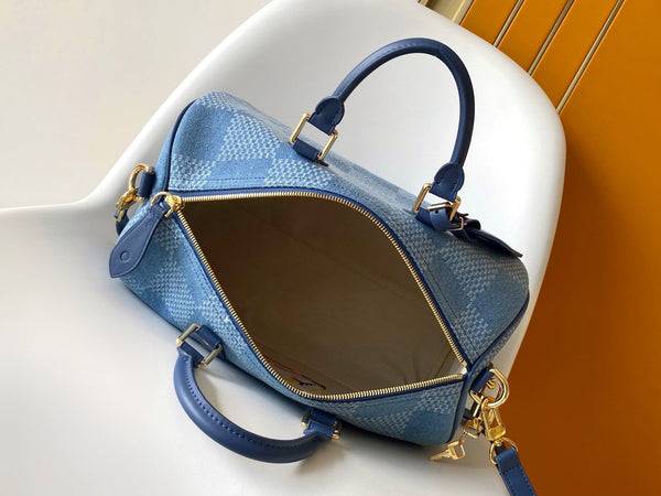 LV Speedy 30 Bandoulière Blue Cotton with 3D Damier Denim GHW