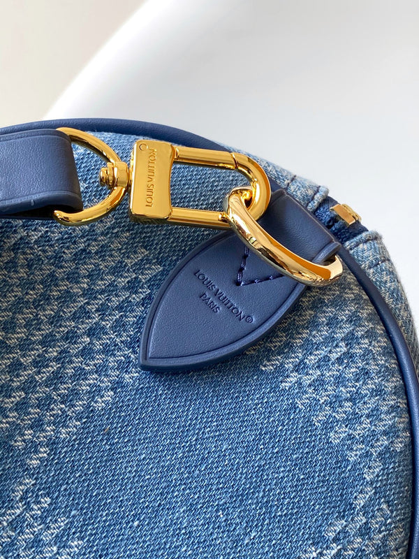 LV Speedy 30 Bandoulière Blue Cotton with 3D Damier Denim GHW
