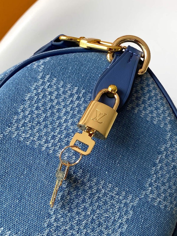LV Speedy 30 Bandoulière Blue Cotton with 3D Damier Denim GHW