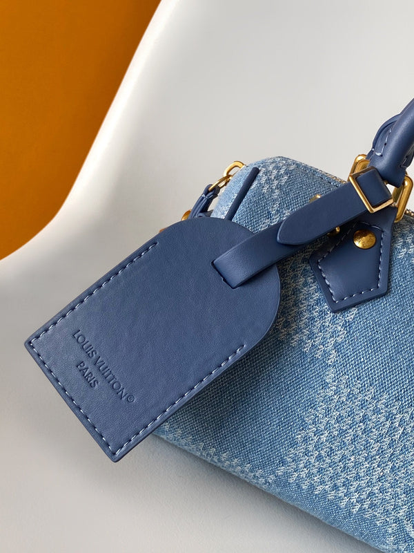 LV Speedy 18 Bandoulière Blue Cotton with 3D Damier Denim GHW