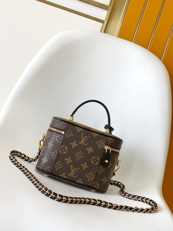 LV M47128 Vanity PM 13cm with Chain Brown Monogram Canvas & Cafskin GHW