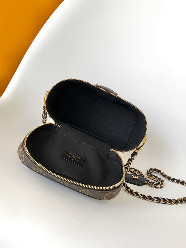 LV M47128 Vanity PM 13cm with Chain Brown Monogram Canvas & Cafskin GHW