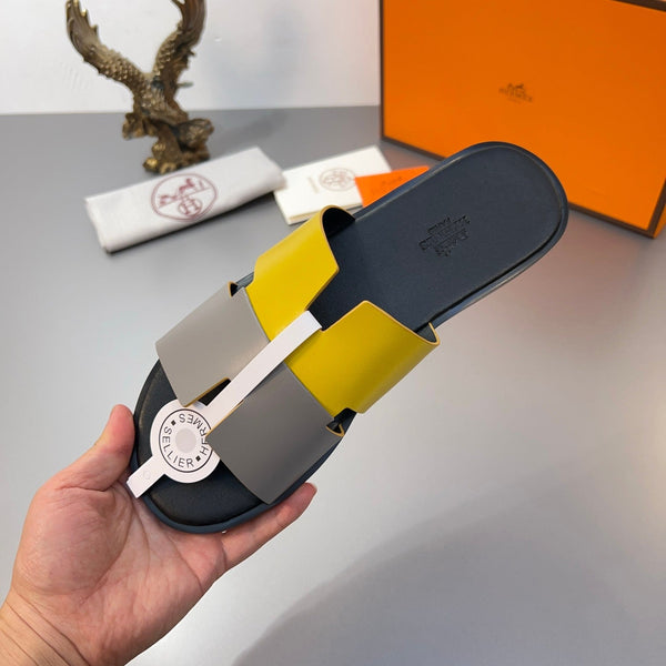 HM Oran Slippers in Light Gray and Yellow Calfskin 735646