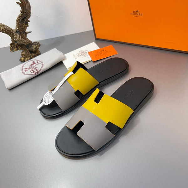 HM Oran Slippers in Light Gray and Yellow Calfskin 735646