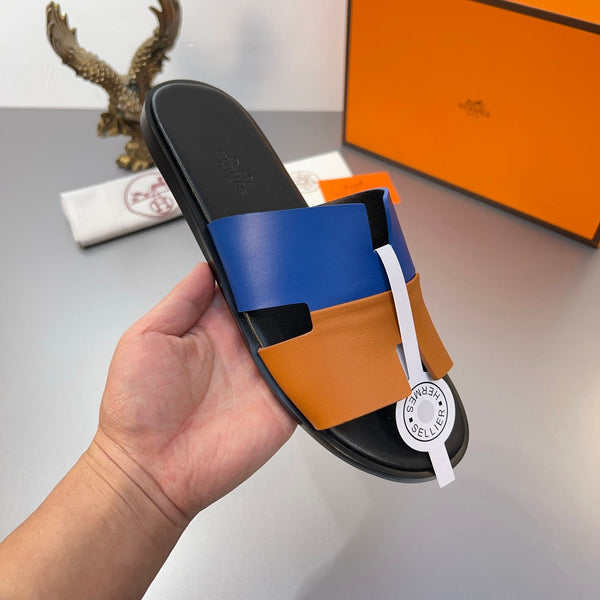 Pantofole HM Oran in pelle di vitello blu e arancione 735647