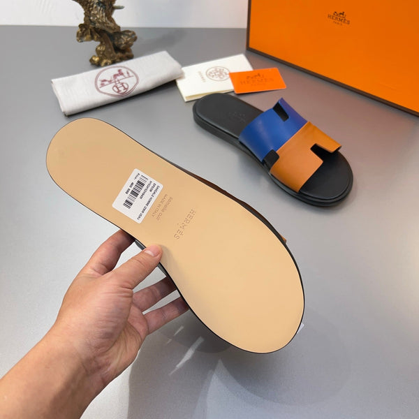 Pantofole HM Oran in pelle di vitello blu e arancione 735647