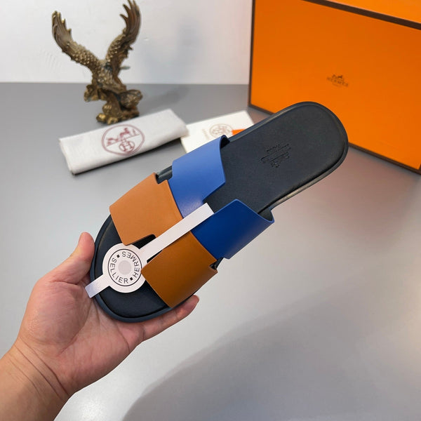 Pantofole HM Oran in pelle di vitello blu e arancione 735647