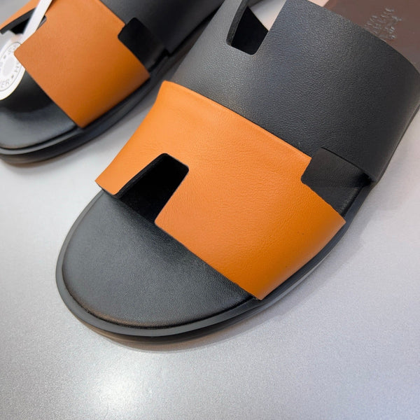 HM Oran Slippers in Black and Orange Calfskin 735648