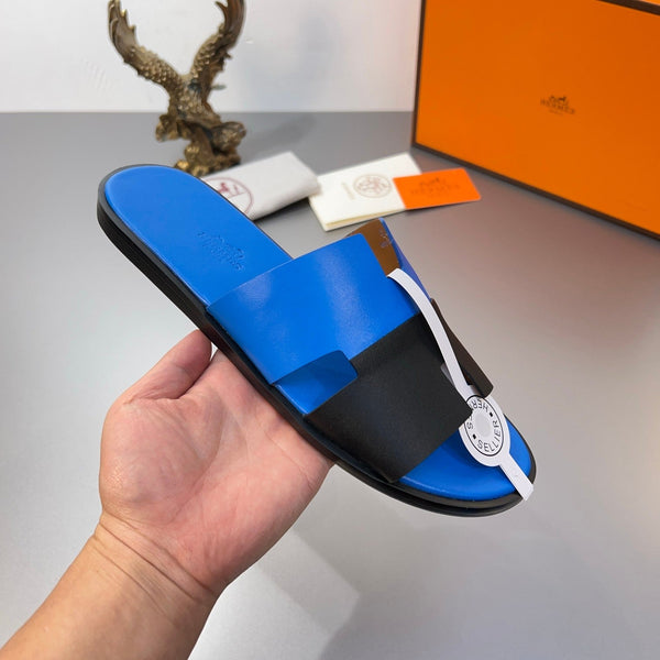 HM Oran Slippers in Blue and Black Calfskin 735649