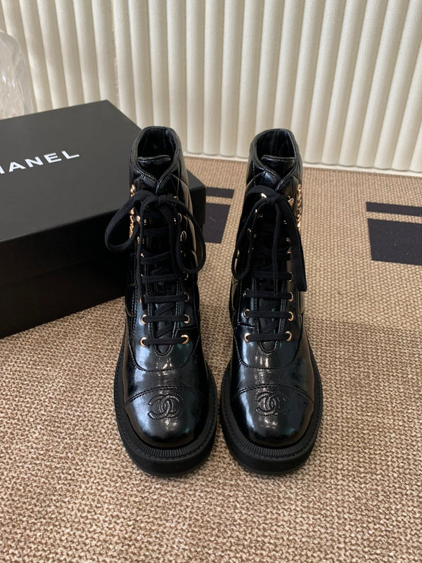 Chanel Electric Ankle Show Boot Black Glossy Leather 507527