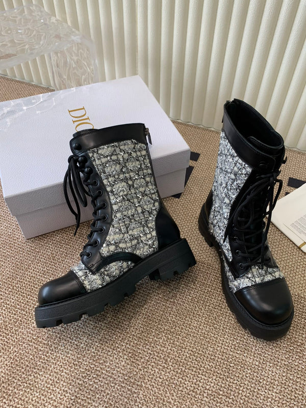 CD D-Unit Ankle Boot In White Mix Black Tweed Fabric And Cowhide 113476