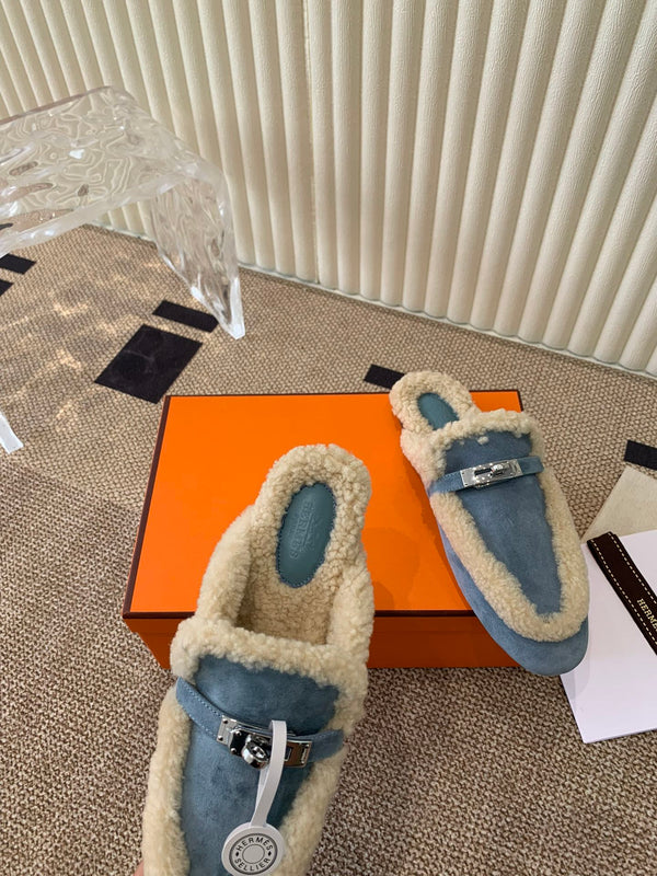 HM Oz Mule In Dark Pastel Blue Suede Lined With Wool Fleece 113199