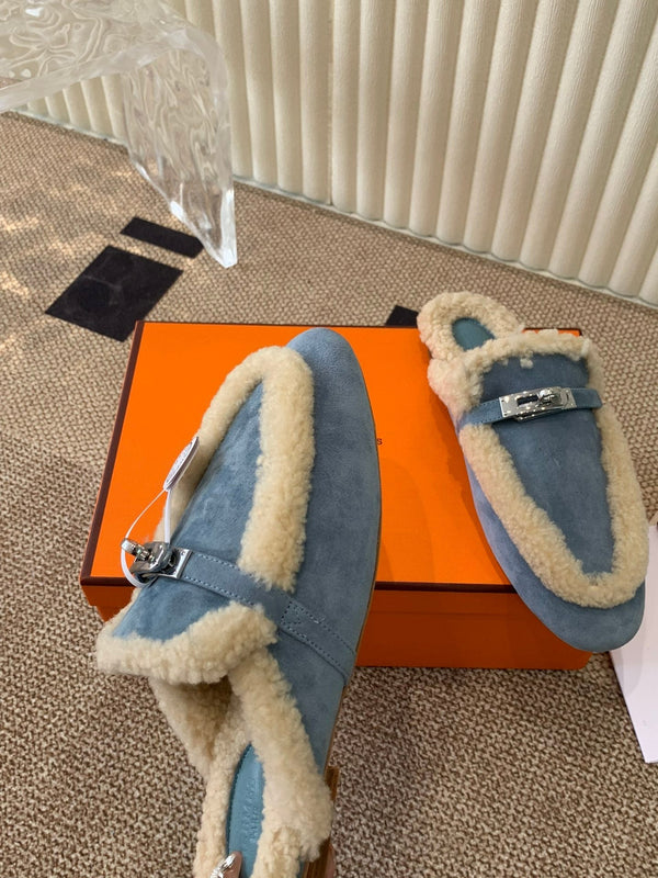 HM Oz Mule In Dark Pastel Blue Suede Lined With Wool Fleece 113199