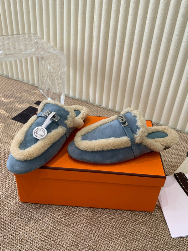 HM Oz Mule In Dark Pastel Blue Suede Lined With Wool Fleece 113199