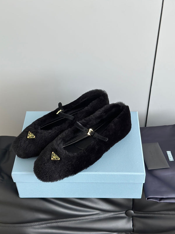 Prada 25s Mary Jane Ballet Flats Black Wool 538454