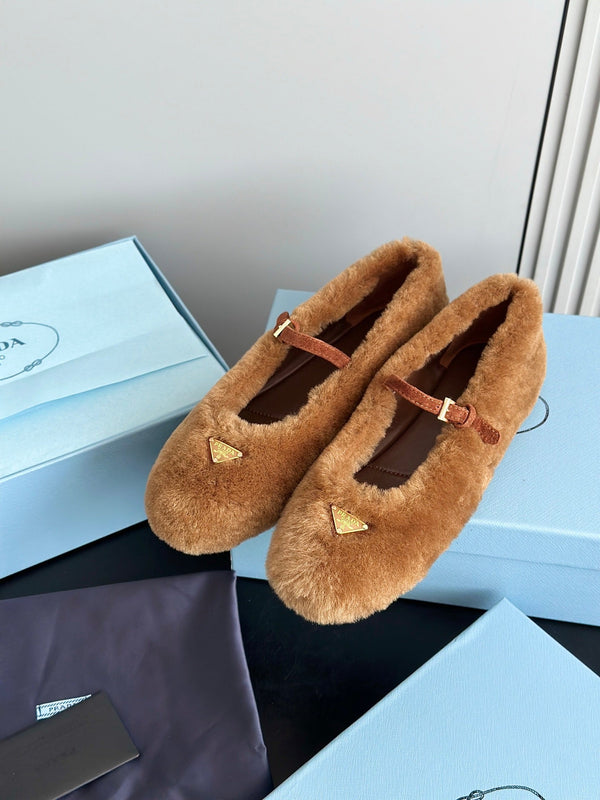 Prada 25s Mary Jane Ballet Flats Caramel Brown Wool 538455