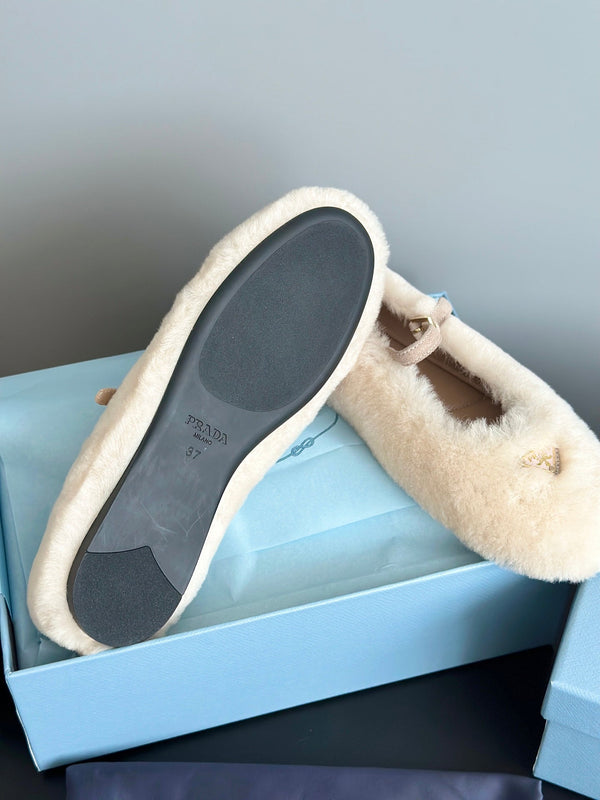 Prada 25s Mary Jane Ballet Flats White Wool 538456
