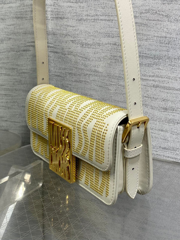 MINI BORSA CON PATTA 18 IN PELLE DI AGNELLO BIANCA CON STRASS ORO