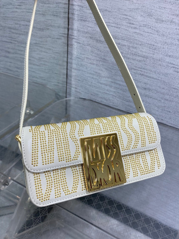 MINI BORSA CON PATTA 18 IN PELLE DI AGNELLO BIANCA CON STRASS ORO