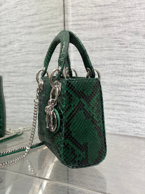 MINI 17 BORSA DA DONNA IN PELLE DI AGNELLO CON MOTIVO SERPENTE NERO E VERDE FORESTA
