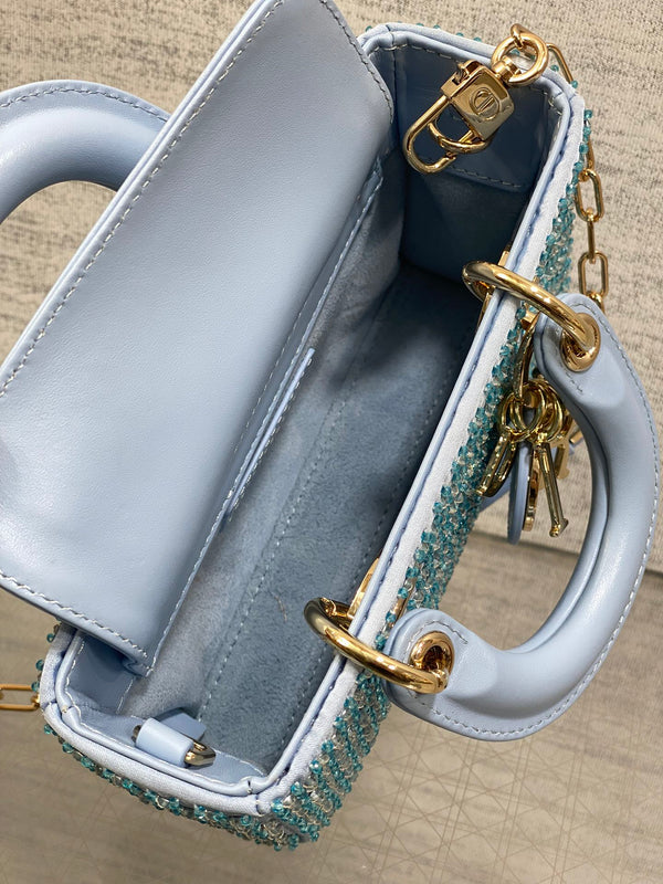 SMALL 16 LADY D-JOY BAG IN POWDER BLUE CANNAGE LAMBSKIN WITH EMBROIDERED BEADWORK BEADWORK
