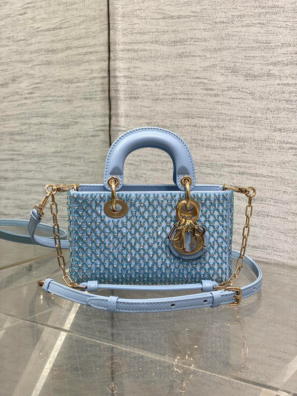 SMALL 16 LADY D-JOY BAG IN POWDER BLUE CANNAGE LAMBSKIN WITH EMBROIDERED BEADWORK BEADWORK