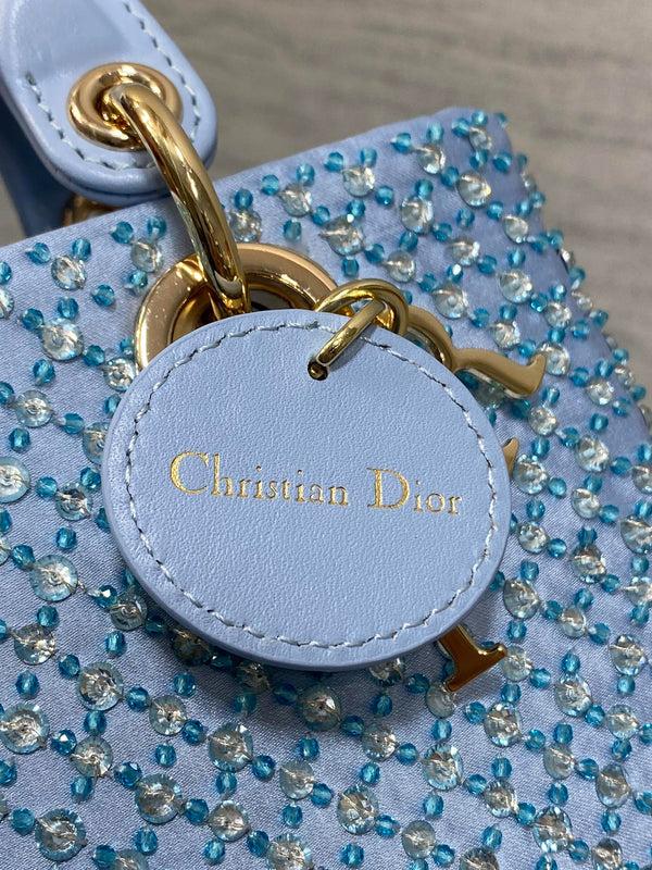 SMALL 16 LADY D-JOY BAG IN POWDER BLUE CANNAGE LAMBSKIN WITH EMBROIDERED BEADWORK BEADWORK