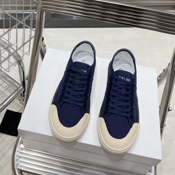 SNEAKERS JANE BASSE ALLACCIATE CON PATCH TRIOMPHE IN TELA E PELLE DI VITELLO NAVY