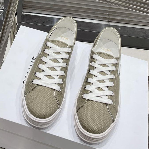 JANE SNEAKERS LOW LACE-UP WITH TRIOMPHE PATCH IN CANVAS AND CALFSKIN STONE GRAY/ WHITE LOGO
