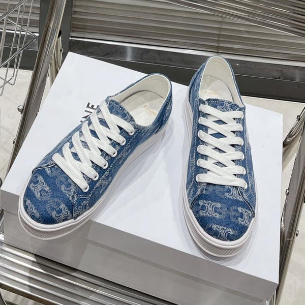 JANE SNEAKERS LOW LACE-UP WITH TRIOMPHE PATCH IN CANVAS AND CALFSKIN DETAIL DENIM/ WHITE LOGO