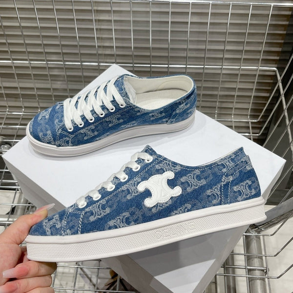 SNEAKERS JANE BASSE ALLACCIATE CON TOPPA TRIOMPHE IN TELA E DETTAGLIO IN PELLE DI VITELLO DENIM/LOGO BIANCO