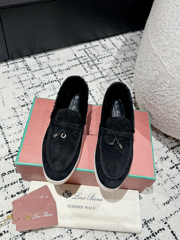 LP Summer Charms Walk Loafers In Black Suede With Rabbit Fur Lining 985641