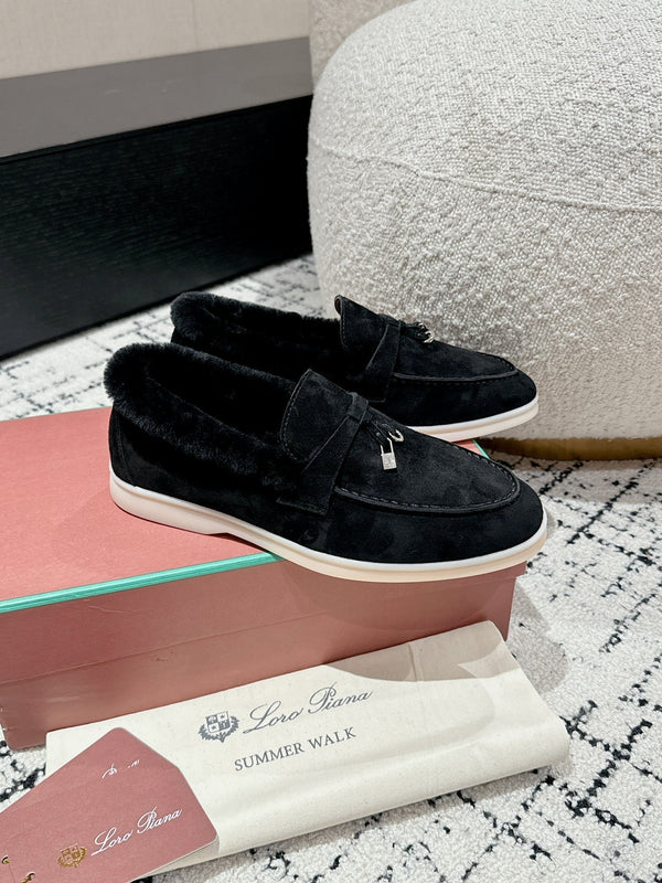 LP Summer Charms Walk Loafers In Black Suede With Rabbit Fur Lining 985641