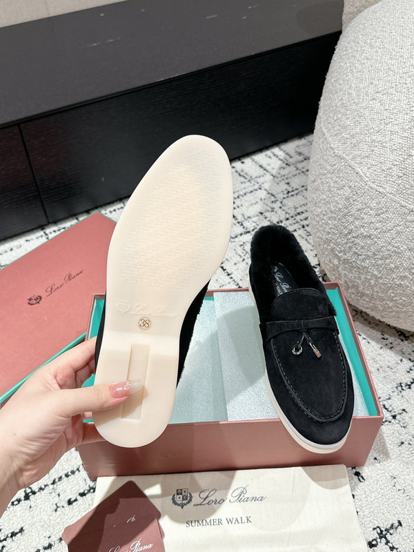 LP Summer Charms Walk Loafers In Black Suede With Rabbit Fur Lining 985641