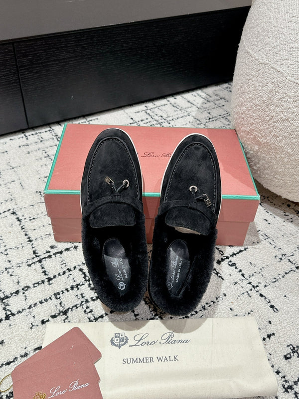 LP Summer Charms Walk Loafers In Black Suede With Rabbit Fur Lining 985641