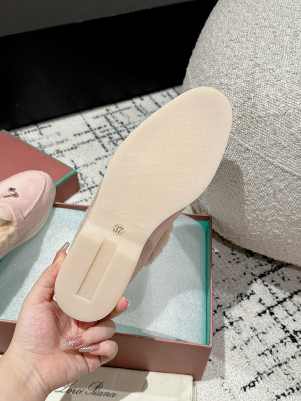 LP Summer Charms Walk Loafers In Light Pink Mix Beige Suede With Rabbit Fur Lining 985642