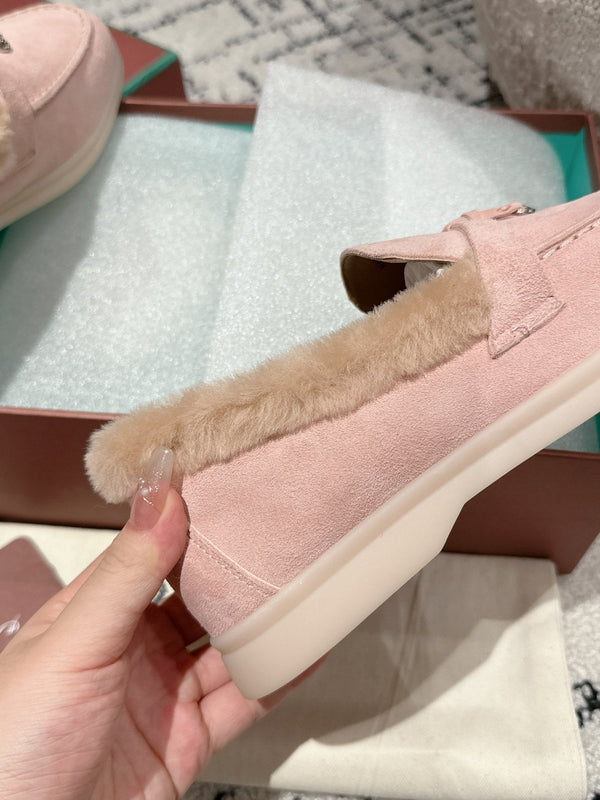 LP Summer Charms Walk Loafers In Light Pink Mix Beige Suede With Rabbit Fur Lining 985642