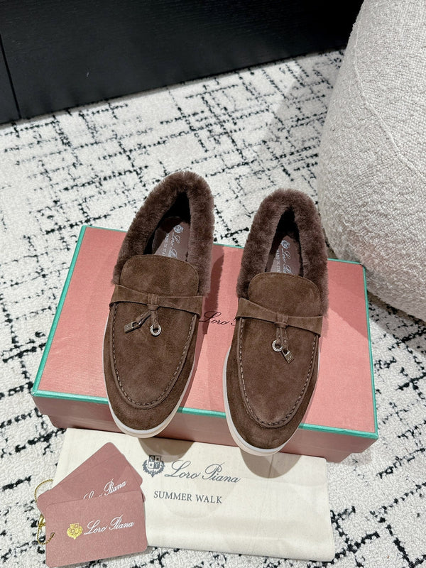 LP Summer Charms Walk Loafers In Earth Brown Suede With Rabbit Fur Lining 985644