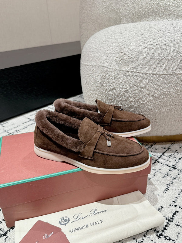 LP Summer Charms Walk Loafers In Earth Brown Suede With Rabbit Fur Lining 985644