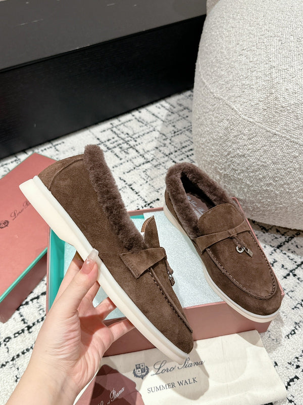 LP Summer Charms Walk Loafers In Earth Brown Suede With Rabbit Fur Lining 985644