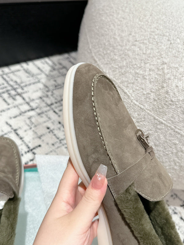 LP Summer Charms Walk Loafers In Light Brown Grey Mix Green Khaki Suede With Rabbit Fur Lining 985646