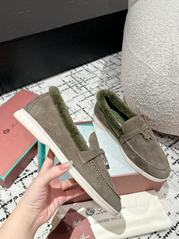 LP Summer Charms Walk Loafers In Light Brown Grey Mix Green Khaki Suede With Rabbit Fur Lining 985646