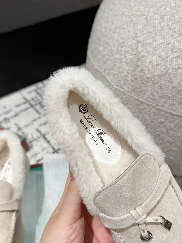 LP Summer Charms Walk Loafers In White Suede With Rabbit Fur Lining 985649