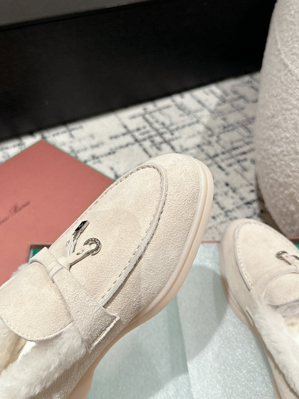 LP Summer Charms Walk Loafers In White Suede With Rabbit Fur Lining 985649