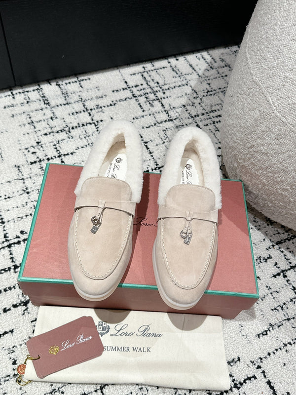 LP Summer Charms Walk Loafers In Light Beige Mix White Suede With Rabbit Fur Lining 985650