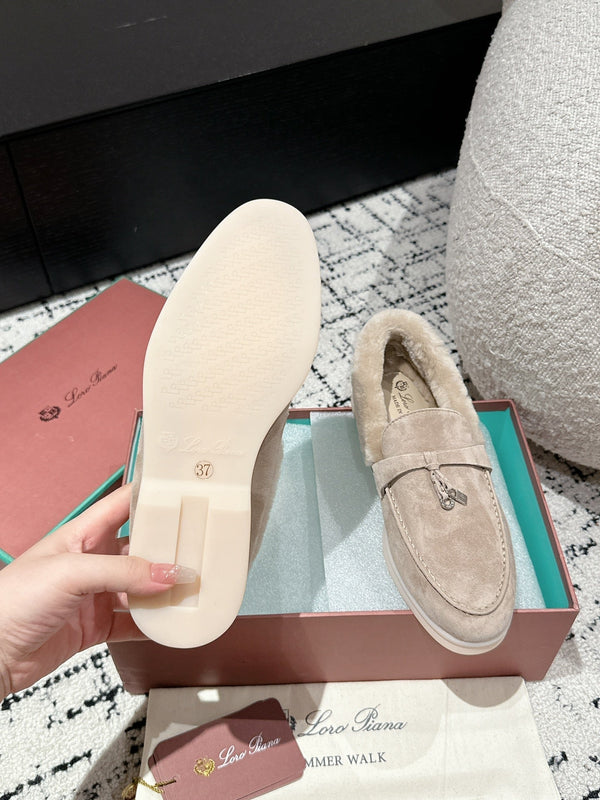 LP Summer Charms Walk Loafers In Light Brown Beige Suede With Rabbit Fur Lining 985651