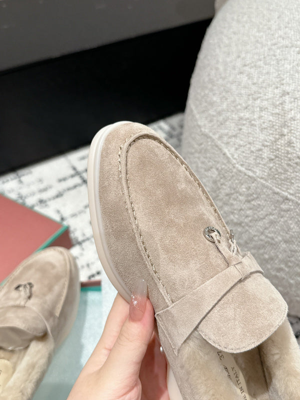 LP Summer Charms Walk Loafers In Light Brown Beige Suede With Rabbit Fur Lining 985651