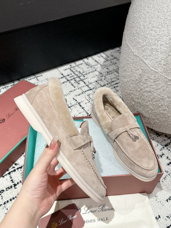 LP Summer Charms Walk Loafers In Light Brown Beige Suede With Rabbit Fur Lining 985651