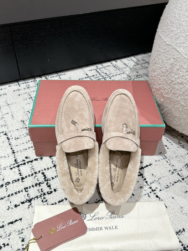 LP Summer Charms Walk Loafers In Light Brown Beige Suede With Rabbit Fur Lining 985651